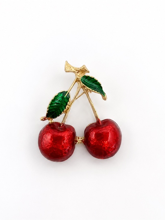 Jewelry - Vintage Inspired Cherry Brooch Red Enamel Fruit Pin Gold Tone Jewelry